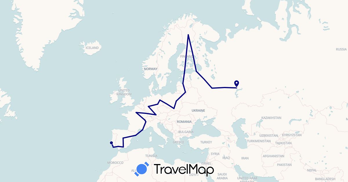 TravelMap itinerary: driving in Germany, Estonia, Spain, Finland, France, Lithuania, Latvia, Poland, Portugal, Russia (Europe)