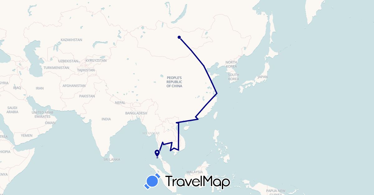 TravelMap itinerary: driving in China, Hong Kong, Cambodia, Mongolia, Thailand, Vietnam (Asia)