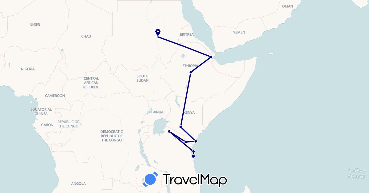 TravelMap itinerary: driving in Djibouti, Ethiopia, Kenya, Sudan, Tanzania (Africa)